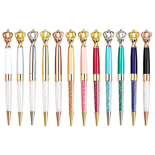 

12 Fancy Crystal Crown Ballpoint Pens,Fun Nice Cool Jewel Bulk Set for Women Girls Wedding Top School Desk Office Supplies (A)