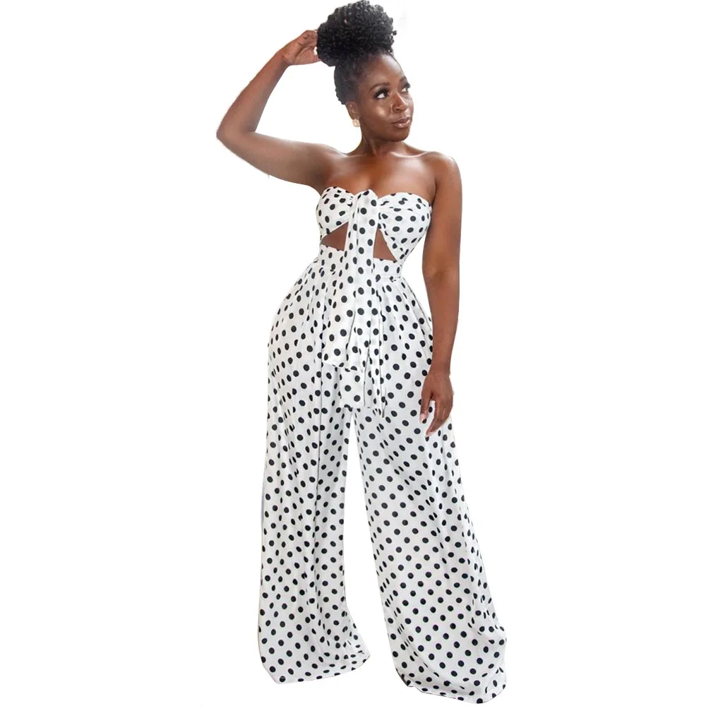 

Donsignet Women's Fashion Polka Dot Print Sexy Strapless Bow Wide Leg Pants Two-piece Set Summer New Casual Leopard Women Suit