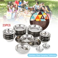 23pcsset kit portable dishes stainless steel tableware barbecue picnic plate bowl dinnerware outdoor camping home accessories