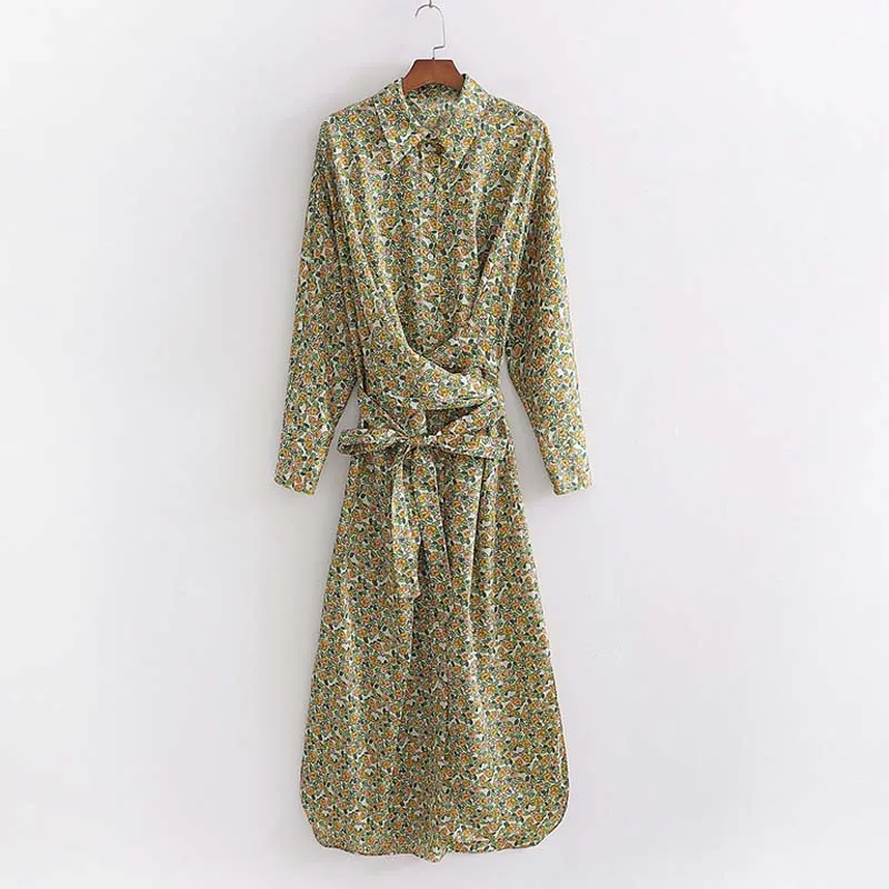 

Women Dress Elegant Floral Print Dresses Long Sleeve Sashes Bohemian Dress Turn Down Collar Office Lady Shirt Dress YNZZY YD392