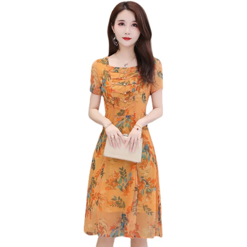 

COIGARSAM 4XL Plus Size Fashion Women dress New Summer Floral Print Dresses Yellow Pink 6027