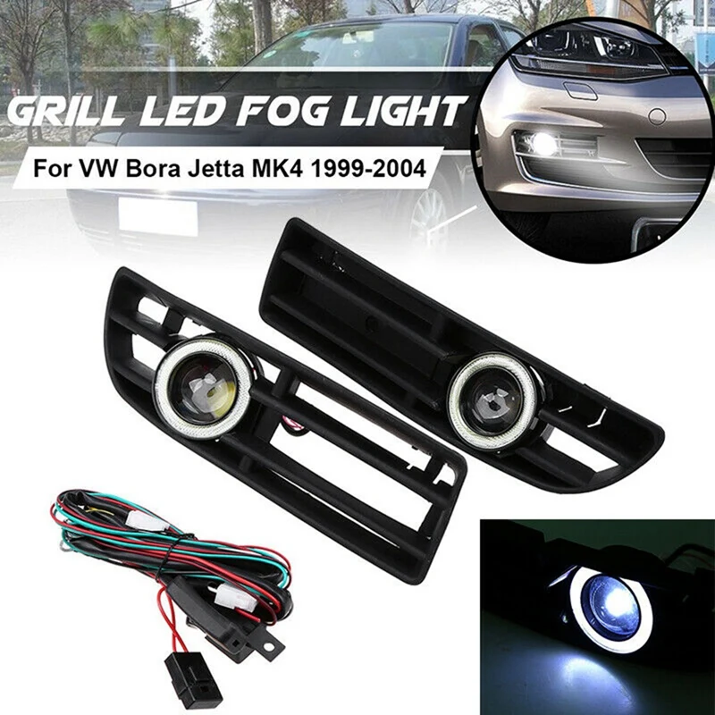 

1Pair LED Fog Lights Angel Eyes Lamp Car Front Bumper Grille Grill Cover with Wire Kit for -Jetta Bora MK4 1999-2004