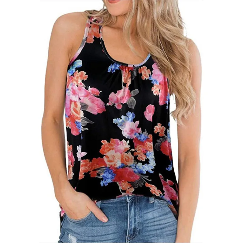 

2021 Summer Street Hipster Hot Selling Fashion Trend Floral Print U-Neck Casual Comfortable Tank Top T-Shirt Women's Clothing