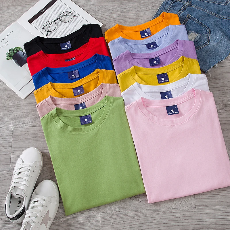 

Футболка женская хлопковая оверсайз, базовая Однотонная рубашка в стиле Харадзюку, повседневный Свободный Топ в Корейском стиле с круглым ...