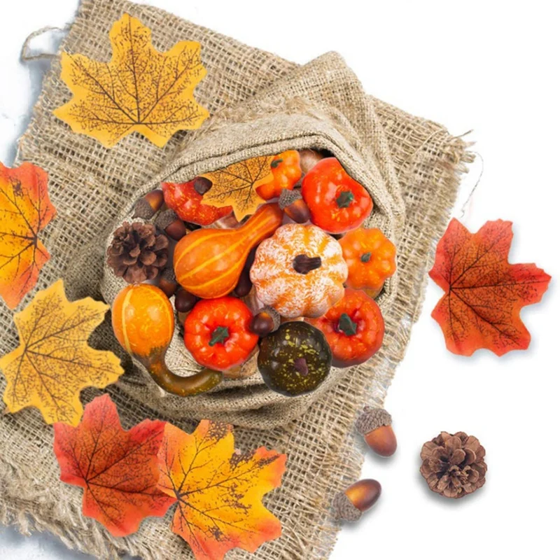 

Artificial Pumpkins Set, 50 Pieces Silk Maple Leaf Acorns Pine Cones Pumpkin for Autumn Decoration Halloween