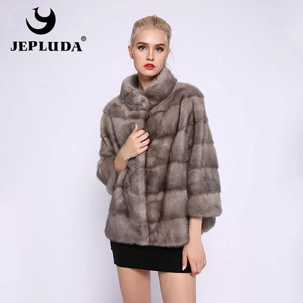 Темно-серый JEPLUDA Изысканная женская норковая шуба из натурального меха реального с воротником стоячим меховая куртка зима для женщин короткая пригородная зимняя женская куртка норковая настоящее меховое пальто для женщин зима - Цвет: Темно-серый