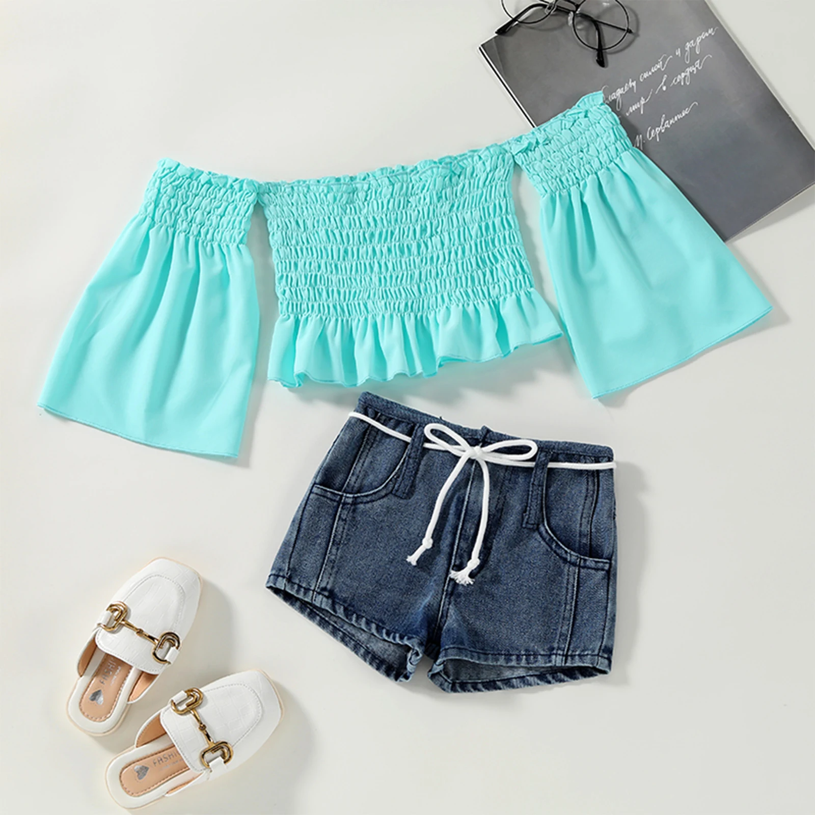 

Комплект из двух предметов для девочек 1-6 лет, без рукавов, модная Однотонная футболка с вырезом лодочкой и длинным рукавом и бандажные джин...