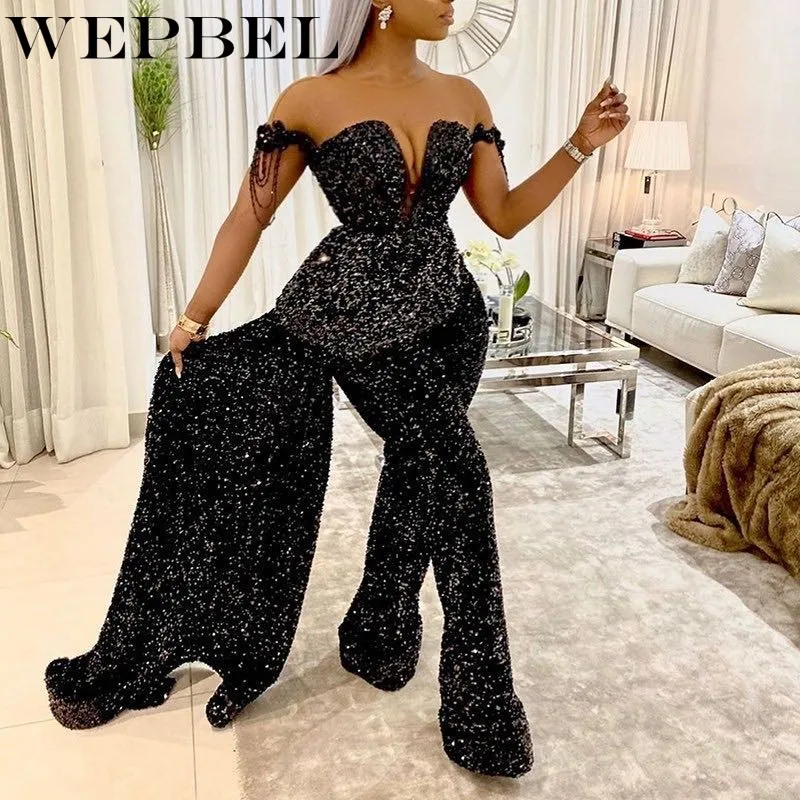 

WEPBEL Women's Sexy Strapless V-neck Sleeveless High Waist Slim Fit Elegant Loose Jumpsuit Winter Sequined Stitching Jumpsuits