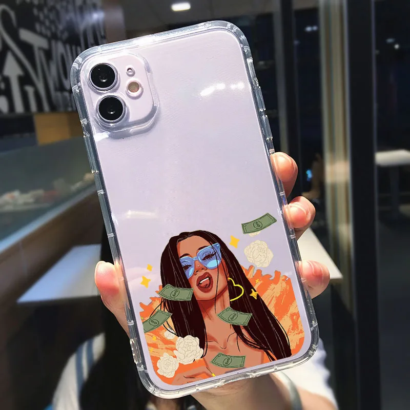 

GYKZ MAKE MONEY Not Friends Clear Phone Case For iPhone 12 11 Pro XR X XS MAX SE20 7 8 Plus Afro Black Girl Silicone Cover Coque