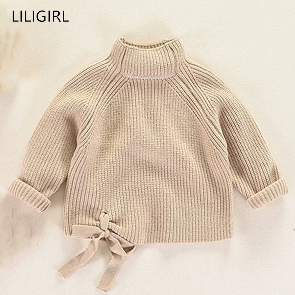 LILIGIRL свитера для маленьких девочек; сезон осень-зима; детский утепленный пуловер с длинными рукавами и высоким воротником; Детский свитер с милым бантом