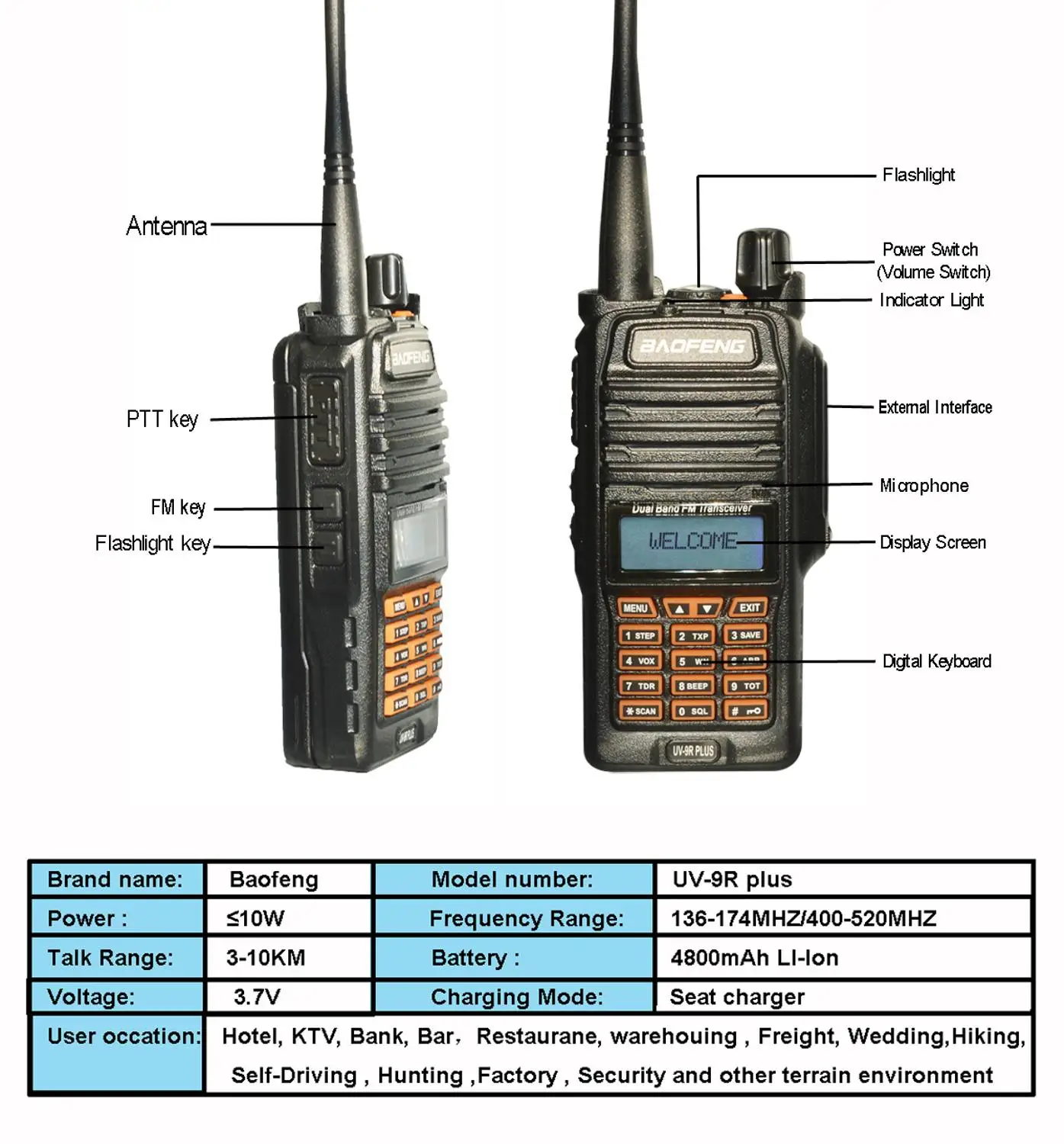 Baofeng UV 9R PLUS Walkie Talkie 4800 мАч 10 Вт водонепроницаемый UHF VHF радио Ham CB радиостанция HF