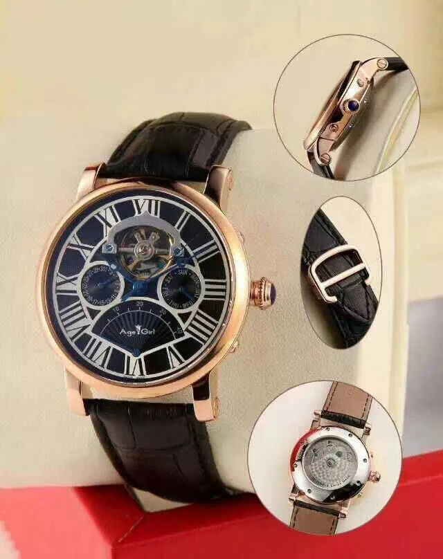 

Luxury Brand New Men Watch Rose Gold Black Sapphire Automatic Mechanical Dual Time Stainless Steel Leather Tourbillion Daydate