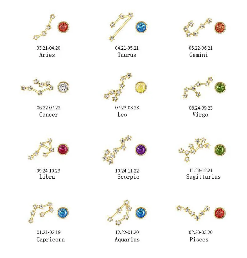 Женские серьги гвоздики из серебра 925 пробы с 12 созвездиями|Серьги-гвоздики| |