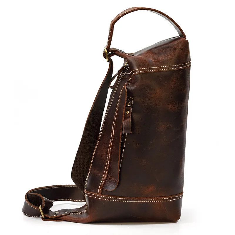 Fashion personality design natural crazy horse cowhide men's crossbody bag casual outdoor weekend genuine leather shoulder bag