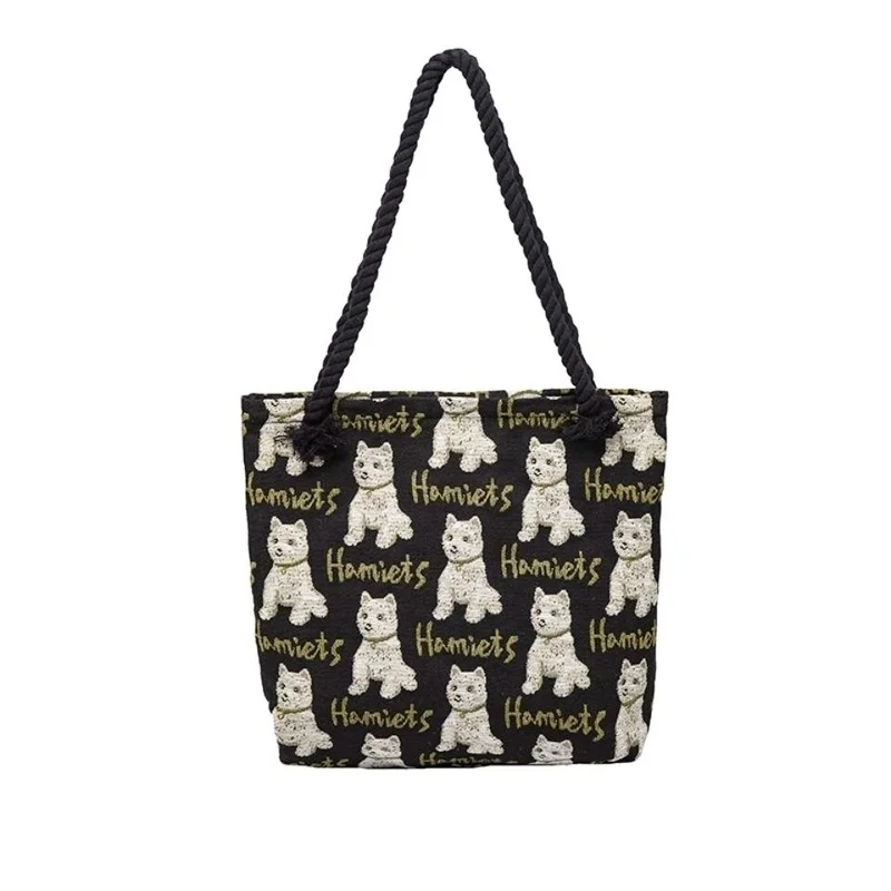 

Retro Canvas Women's Shopping Bag Cute Dogs Printing Female Shoulder Bag Shopper Ladies Tote Bag Large Capacity Grocery Handbag