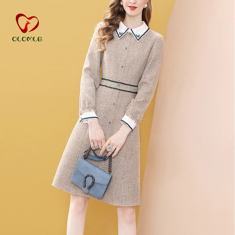 

Fashion Grey Tweed Bow Tie Dresses Winter Women Long Sleeve Diamonds Button Vintage Woolen Party Midi Dress Turn Down