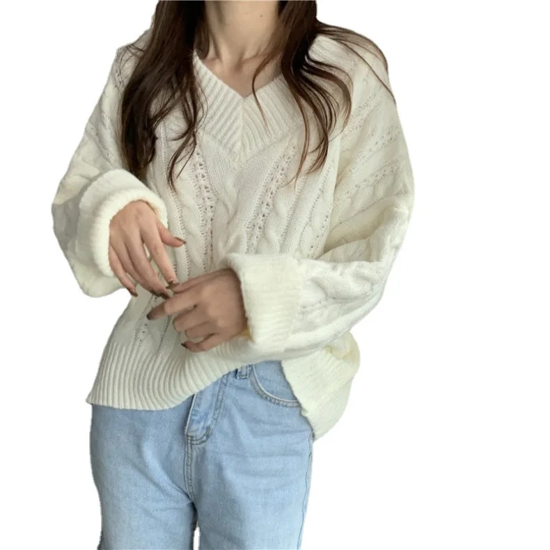 

2021 Loose Blouse Outer Wear V-neck Knitted Top Women Autumn Pullover Korean Student Retro Sweater Solid Color Sweater Top