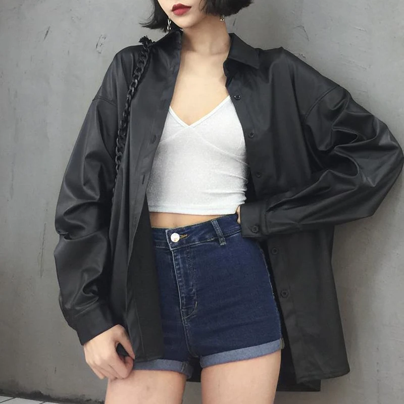 

Women Faux Leather Long Sleeve Turn Down Collar Button Shirts Fashion Autumn Blouses Outwear Tops Female Casual Streetwear Coat