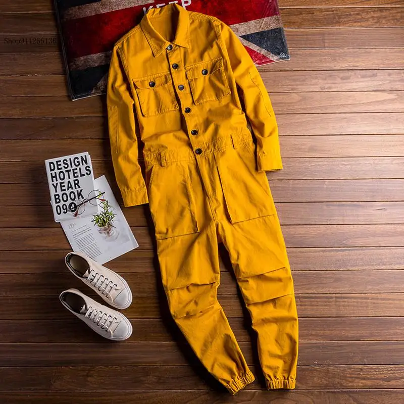 Men's Jumpsuit Loose Cargo Pants Green Black Freight Trousers Long Sleeve Lapel Beam Feet Cotton Overalls Hip Hop Streetwear | Мужская