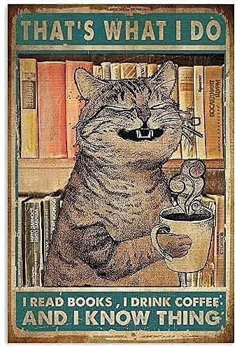 

kegill Metal Tin Signs cat Lovers Reading and Drinking Outdoor Wall Art Decorative Metal Sign Plaque for IndoorOutdoor