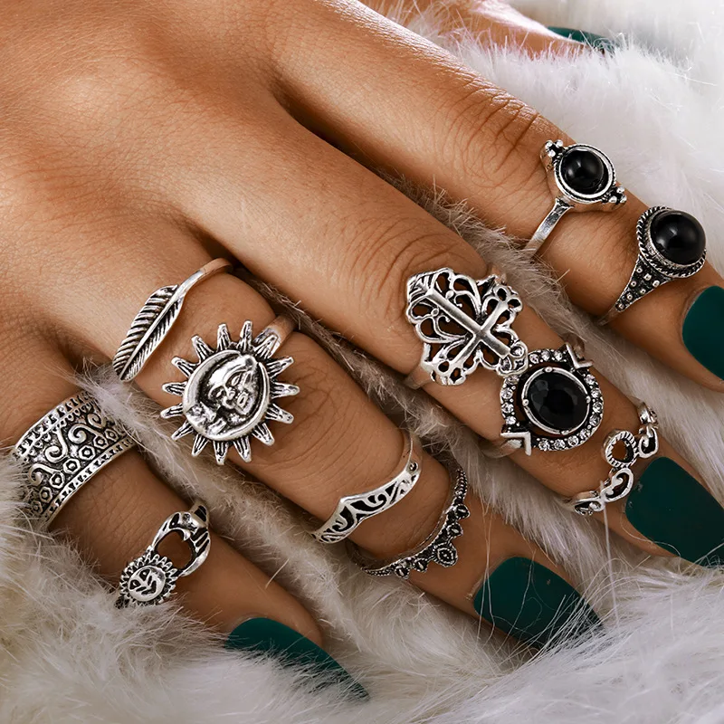 

11 Pce/Set Retro Carved Sun Feather Cross Shape Ring for Women Black Resin Ancient Silver Color Alloy Combination Ring Party
