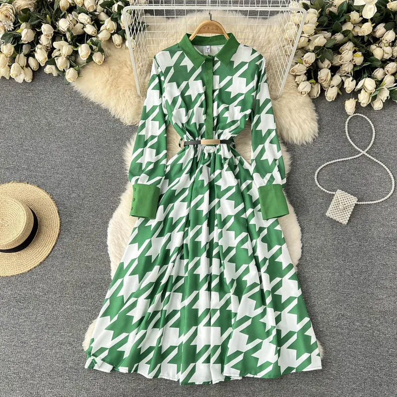 

Spring Long Sleeve Straight Elegant Office Lady Dress Fashion Houndstooth Printed Lapel Loose Patchwork Dresses Women 2022 New