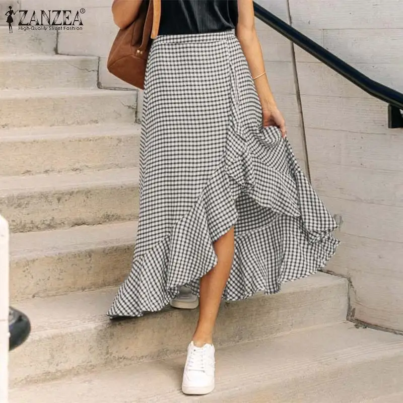 

Vintage Ruffle Women's Skirts 2021 ZANZEA Summer Asymmetrical Plaid Maxi Skirts Casual Office Lady Side Zipper Oversized Bottoms