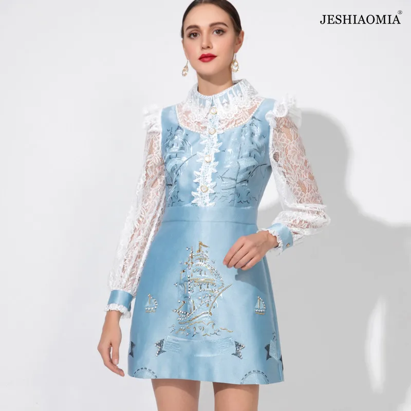 

JESHIAOMIA- 2021 Autumn Stand Collar Lace Patchwork Beaded Dress