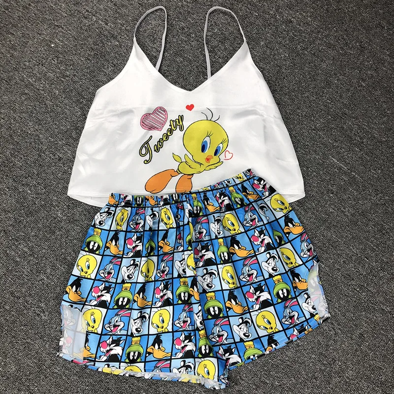 

Satin Pajamas Home Clothes Leopard Cartoon Print Lovely Sleepwear Summer Pijamas Women Sexy Silk Sleep Top Bottoms Shorts Set