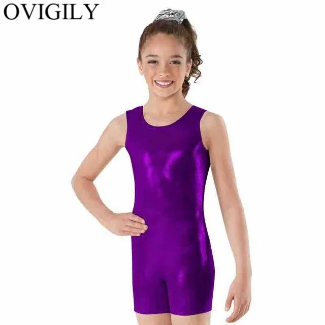 Purple OVIGILY/Красная Майка для девочек, бикетард, спандекс, металлический танцевальный трико для детей, цельный гимнастический комбинезон, боди для малышей - Цвет: Purple