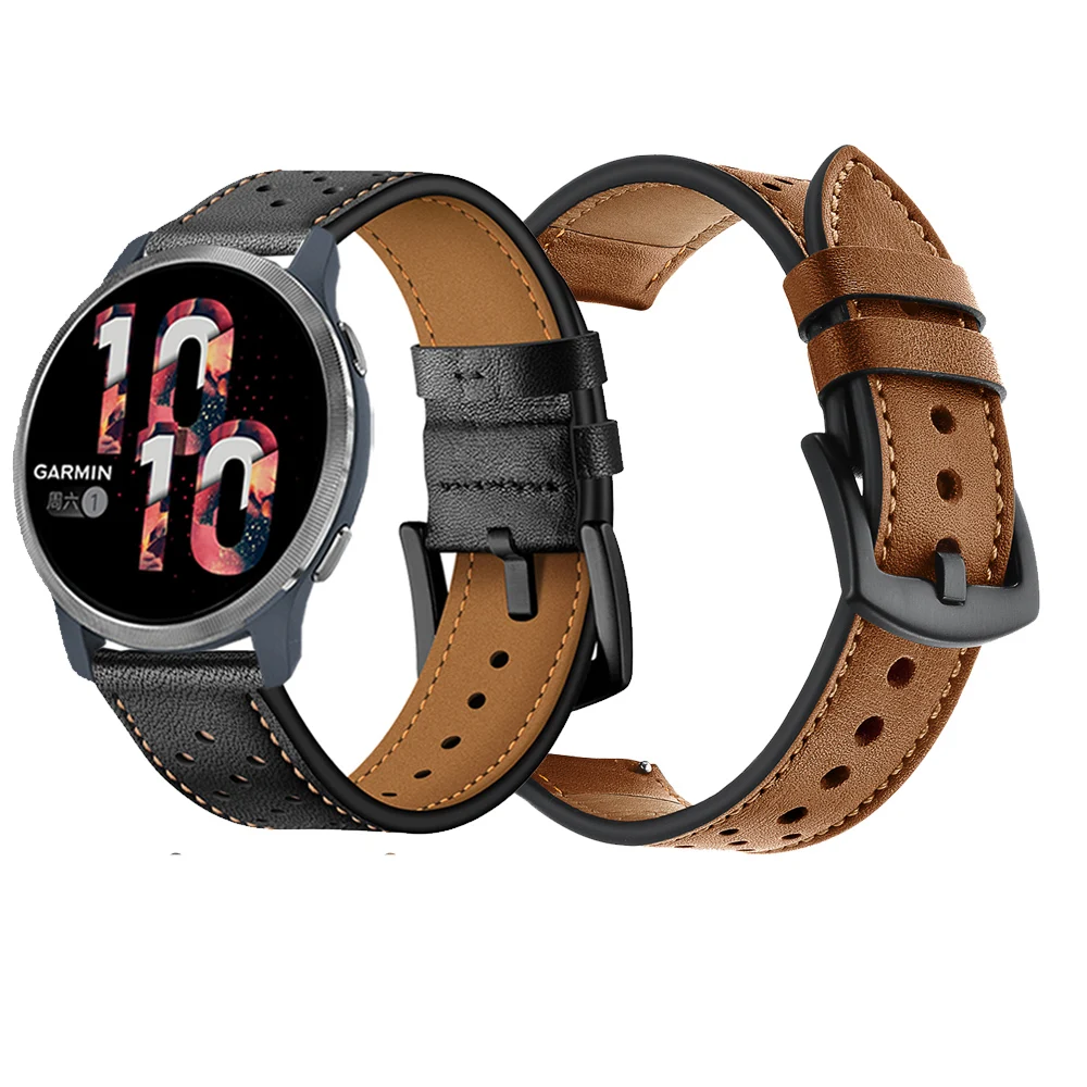

For Garmin Venu 2 Leather Wristband Venu2/Venu Sq/Vivoactive 3 4 45mm Watch Strap Band Bracelet Replace Watchband Brown / Black