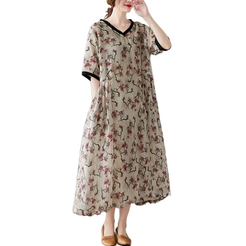 

Cotton Linen Vintage Floral Print Summer Dresses For Women Long Casual Office Fashion Dress Elegant Ladies Clothes 2021