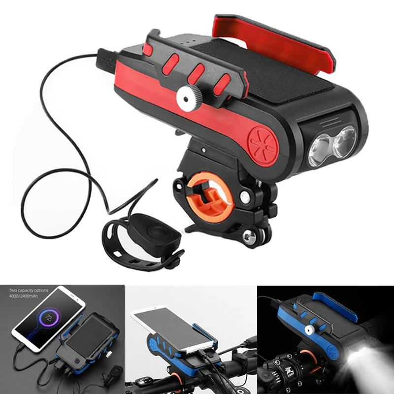 4 in 1 led bicycle light front usb rechargeable horn phone holder bicycle 4000mah bike lamp flashlight for bike light lantern free global shipping