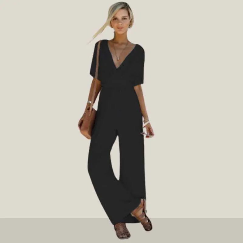 

2021 Summer Fashion European American Women's V-neck Solid Color Large Size Thin Wide Legs Straight Casual Jumpsuit Women