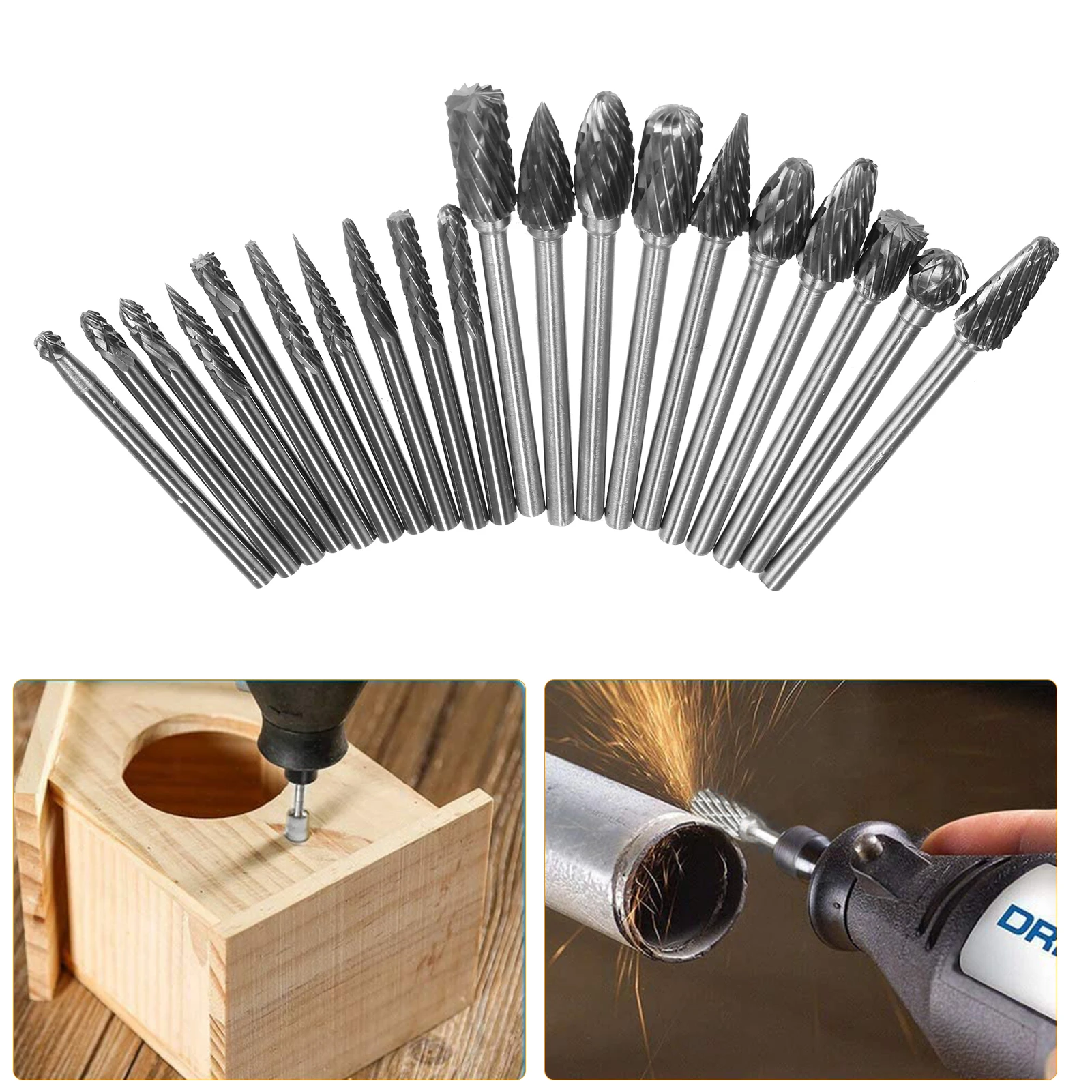 20pcs Double Cut Carbide Rotary Burr Set 1/8in Shank 1/4in and 1/8in Head Size Tungsten Steel Rotary Files Die Grinder Bits
