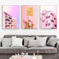 modern nordic decoration home art poster pink flower building canvas paining romantic landscape wall pictures for girls room