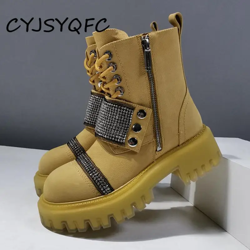 

CYJSYQFC Fashion Genuine Leather Woman Boots Rhinestone Thick Bottom Martin Boots Autumn And Winter New Style Women's Shoes