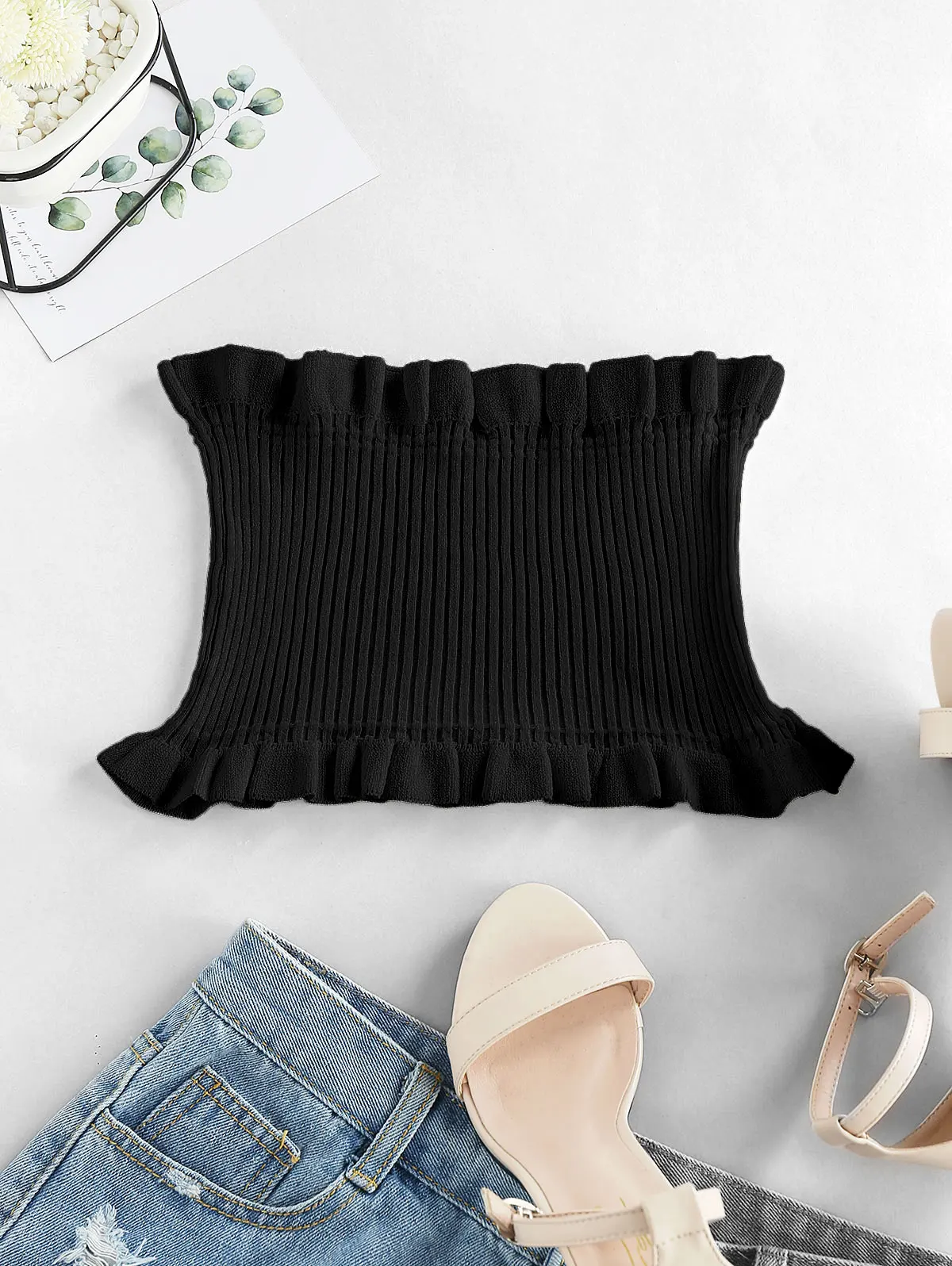 ZAFUL Women Ruffled Smocked Tube Top Strapless Lady Sexy Summer Casual Outfits Basic Wearing Fashion | Женская одежда