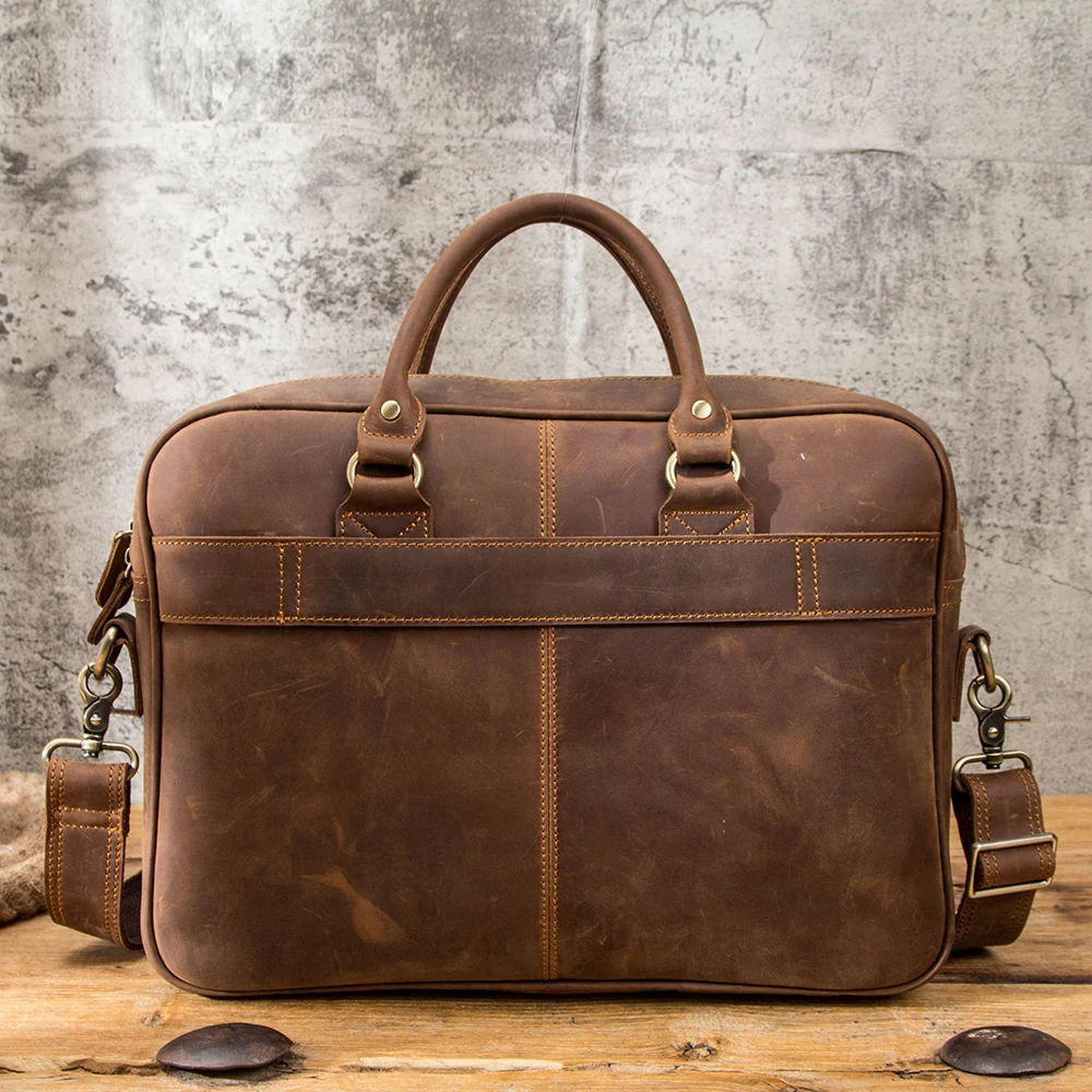 Contacts Men's Briefcases Crazy Horse Leather Shoulder Messenger Bag Male Portfolio 13