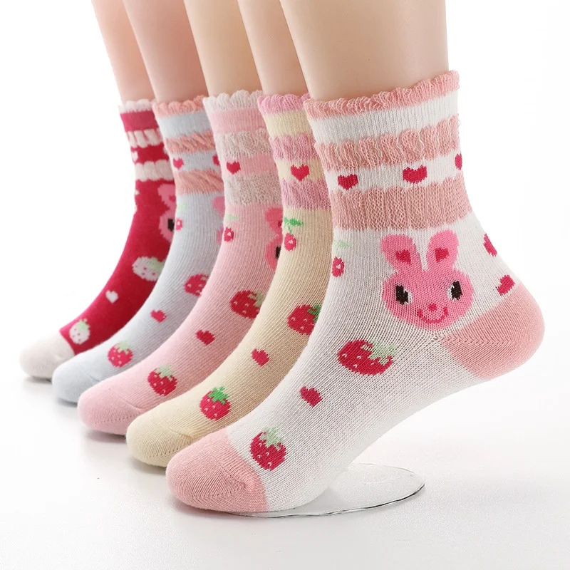 5 pairs Rabbit 5 пар/лот, новые осенние носки для девочек хлопковые детские Носки ярких цветов с рисунком кролика и клубники для девочек 3-12 лет - Цвет: 5 pairs Rabbit