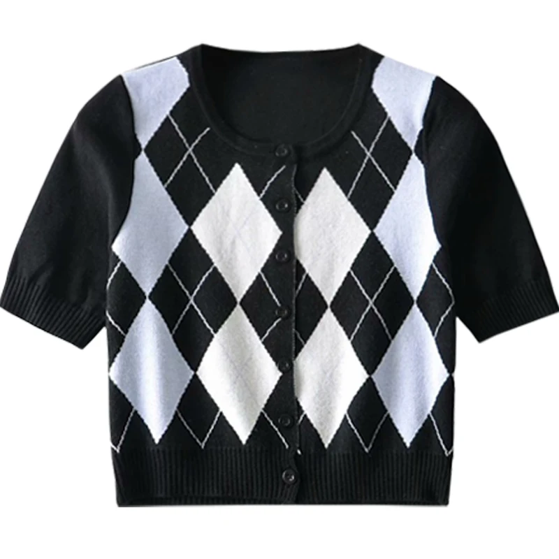 

mian yang Spring New Style Short Sleeved Sweater Multi-All-Match Rhombus Small Cardigan Retro College Style Sweet Knitted