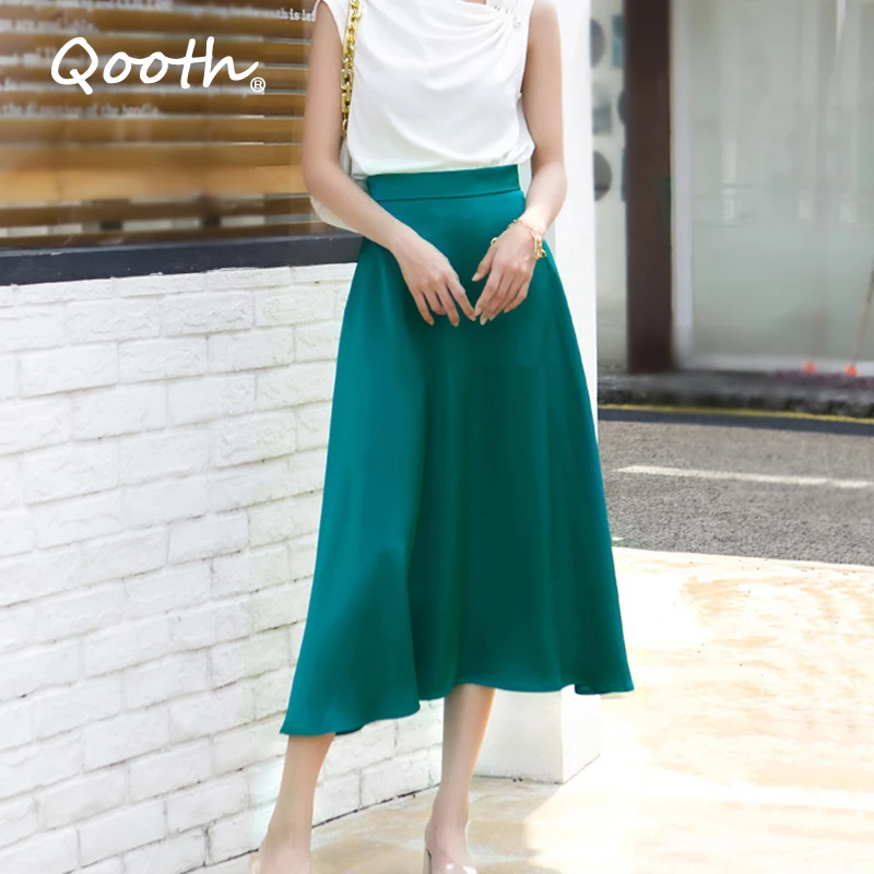 

Элегантная однотонная атласная драпированная юбка Qooth, новая широкая юбка А-силуэта с высокой талией, модная универсальная летняя юбка сред...