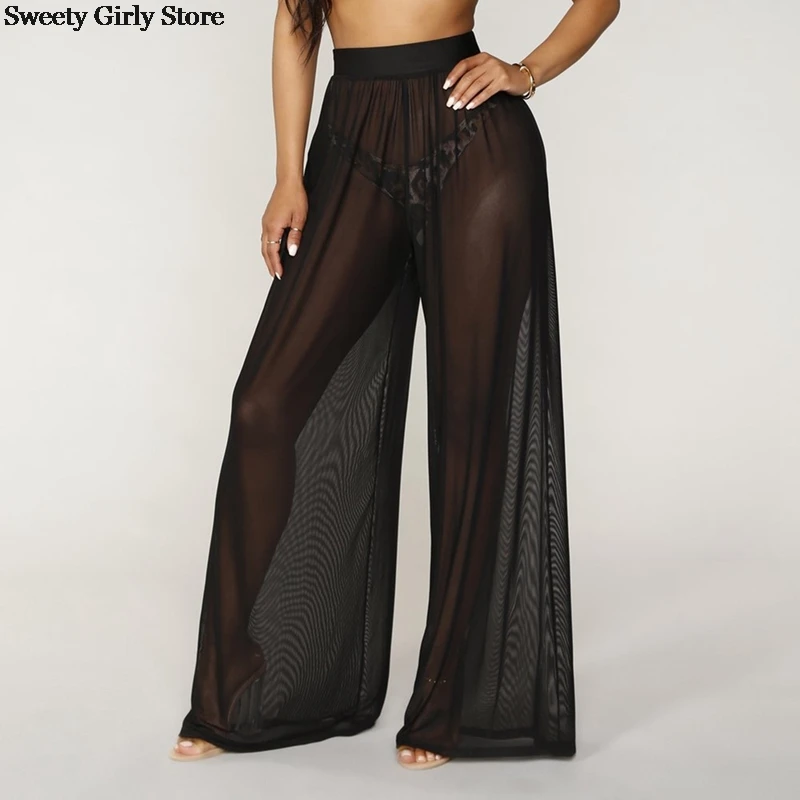 

Sexy Wide Leg Pants Transparent Mesh Women Big Flare Trousers High Waist Loose Bell Bottom Pants Beach Style Leggings Fashion
