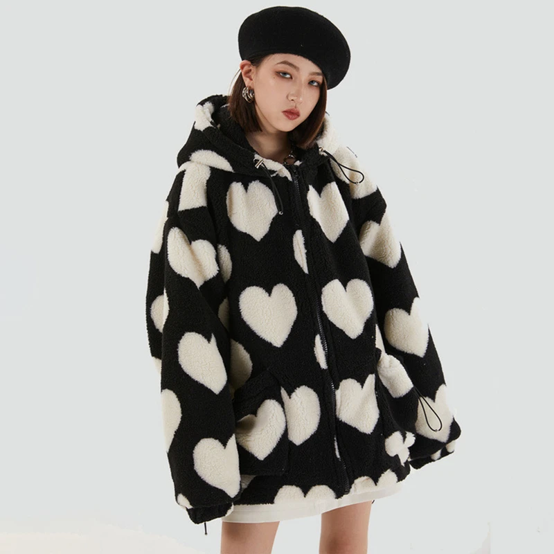 Ladies Lamb Plush Winter 2022 New Korea Fashion Love Printed Plush Jacket Loose Long-sleeved Hooded Cotton Crop Jacket