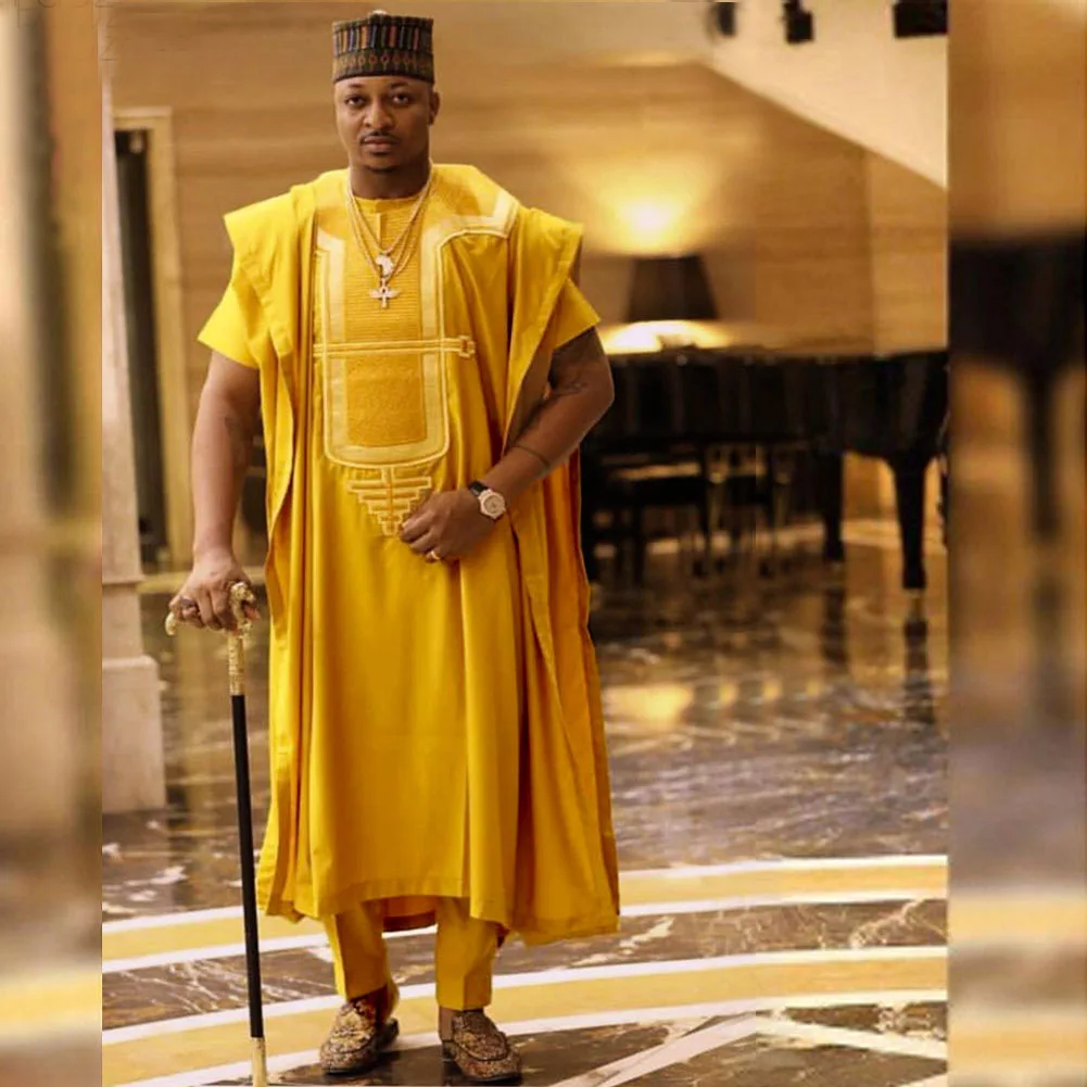 Fadzeco Agbada Мужская африканская вышивка Дашики желтый Doudou топы Короткий рукав брюки 3 шт размера плюс мужская одежда халат Базен