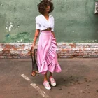 Женская атласная юбка до щиколотки, милая розовая юбка с оборками, с высокой талией, на молнии, для выпускного вечера, 2021