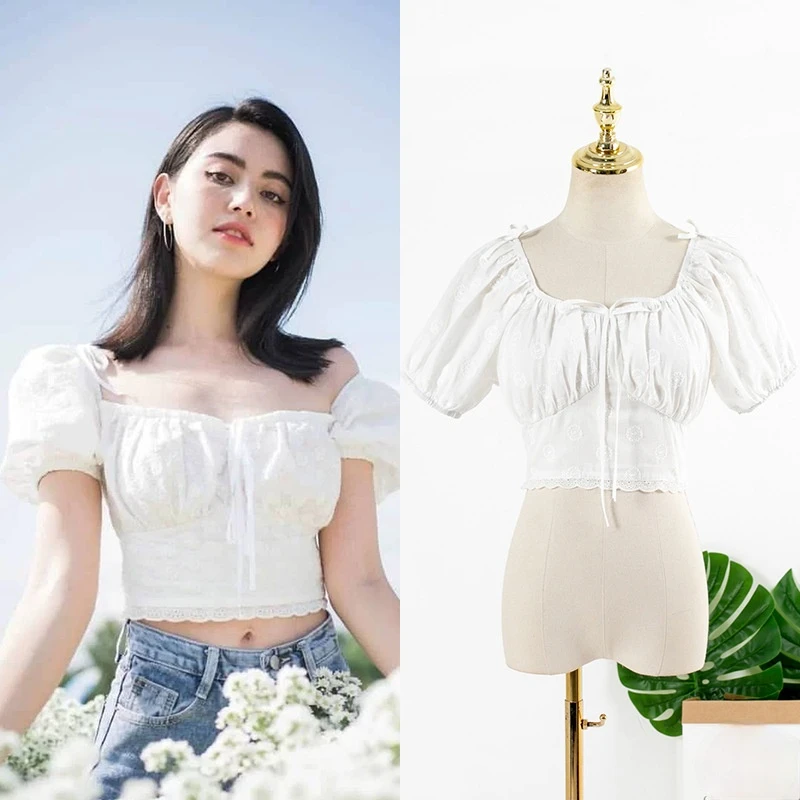

Kpop Korean Celebrity White Square Neck Chiffon Shirt Women Bow-Knot Lace-Up Blouses Holiday Style Sweet Slim Puff Sleeve Tops