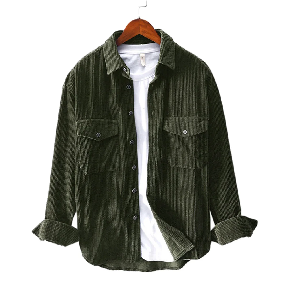 

Vintage Men Shirt 2021 Spring Autumn Casual Solid Color Long Sleeve Slim Fit Corduroy Shirt Male Tee Top Holiday Corduroy Blouse