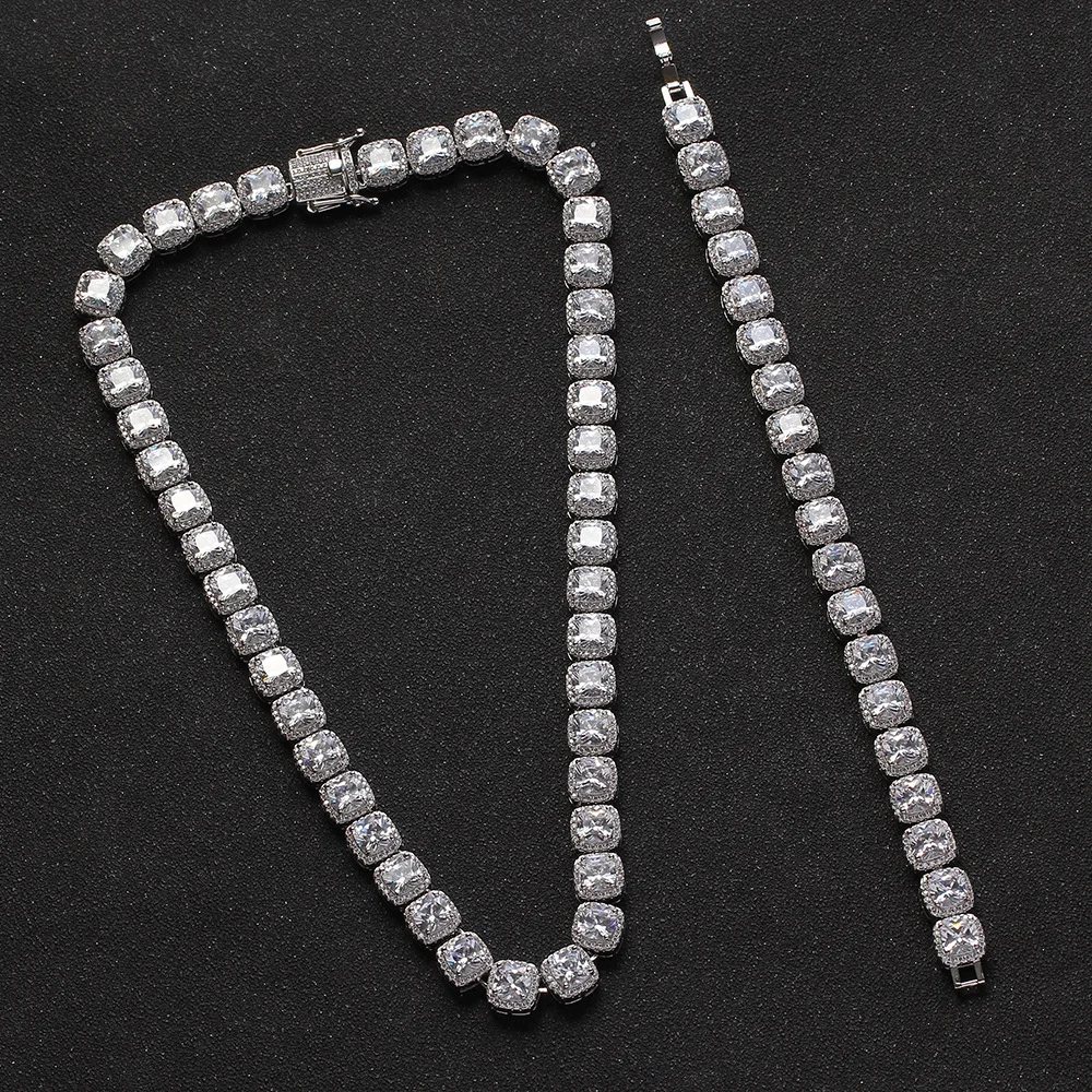 

10mm Luxury Full Iced Out Silver Color Czjewelry Sets Square Cubic Zirconia Tennis Chains Choker Necklace Bracelet Hip Hop