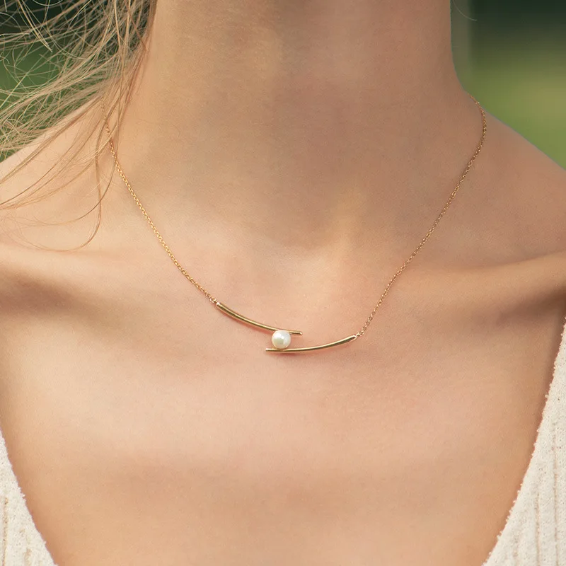 

MEYRROYU Sterling Silver Creative Design Geometric Arc Micro-inlaid Pearl Necklace Unique Luxury Jewelry For Women Party Gifts